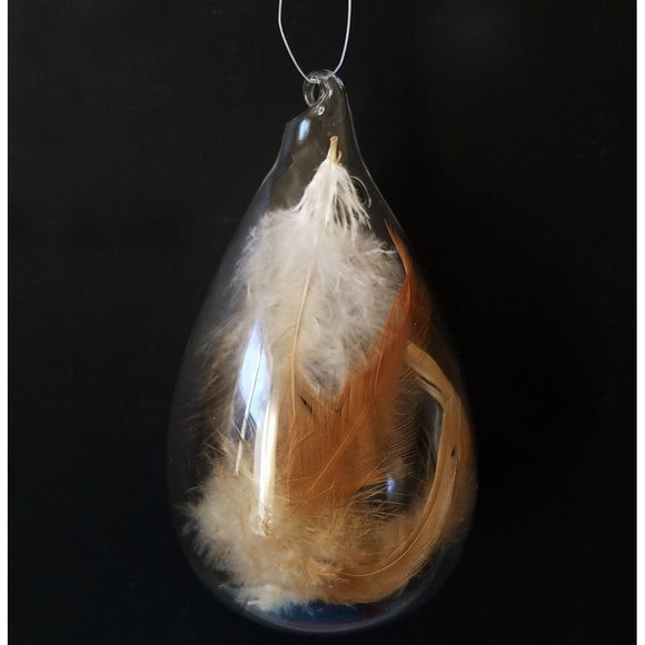 Blown Glass TEARDROP with Feather Ornament, Christmas Holidays - Picture 1 of 8